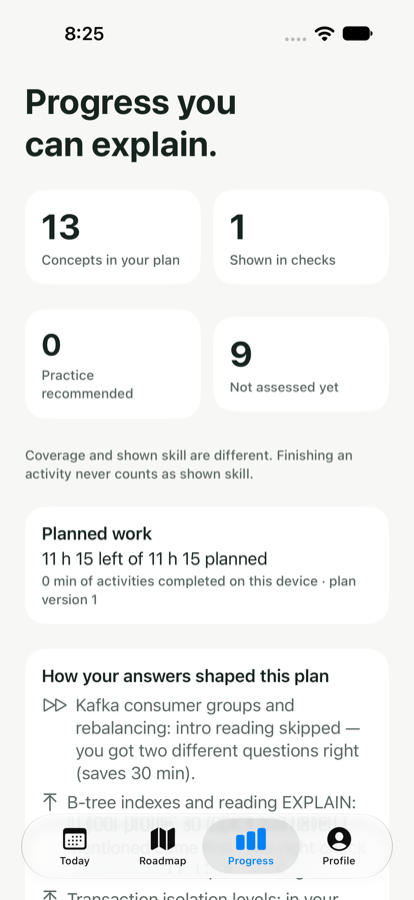 Odisee's Progress screen: concepts in your plan, concepts shown in checks, practice recommended and not yet assessed, plus how your answers shaped the plan.