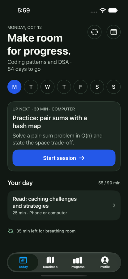 Odisee's Today screen: the next session, 'Practice: pair sums with a hash map', 30 minutes on a computer, with a Start session button.